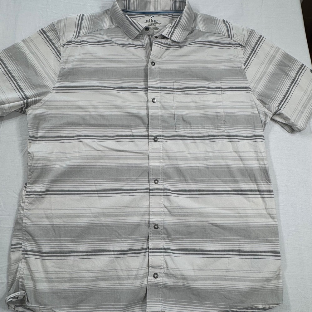 KUHL Button Down Shirt Mens Large Gray Striped Short Sleeve Snap Front Outdoor - Picture 2 of 8
